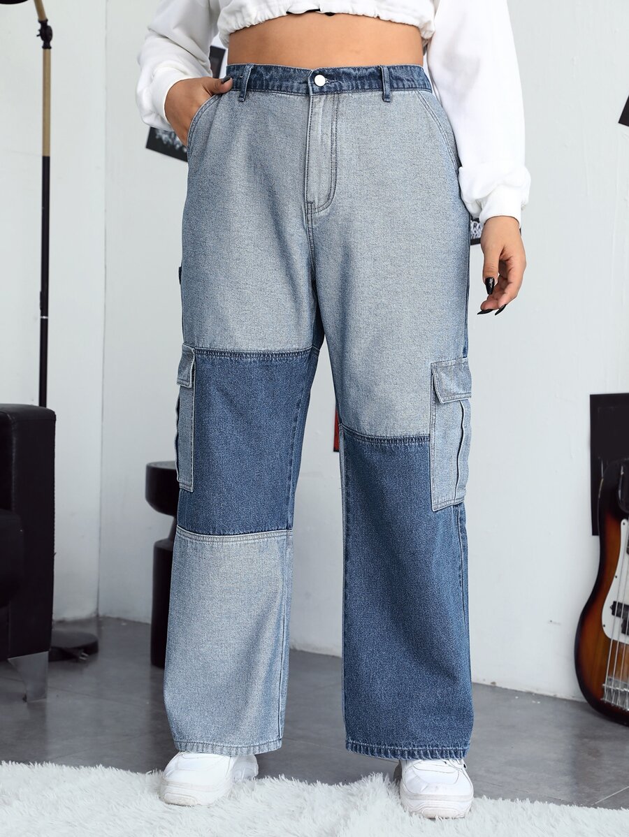 Jeans cargo de talle alto de color combinado - Azul lavado medio - Ver 1