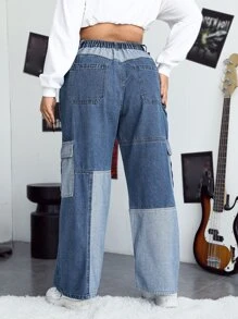 Jeans cargo de talle alto de color combinado - Azul lavado medio - Ver 2