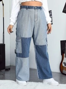 Jeans cargo de talle alto de color combinado - Azul lavado medio - Ver 4