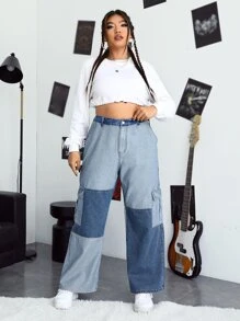 Jeans cargo de talle alto de color combinado - Azul lavado medio - Ver 5