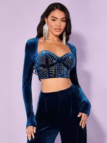 SHEIN BAE Rhinestone Detail Sweetheart Neck Velvet Crop Top - Navy Blue - View 5