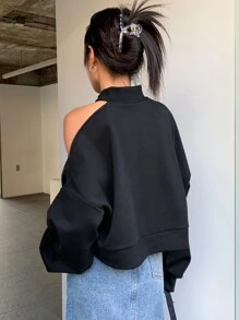 DAZY Mock Neck Cut Out Drop Shoulder Crop Sweatshirt,Long Sleeve Tops,Fall Women Clothes