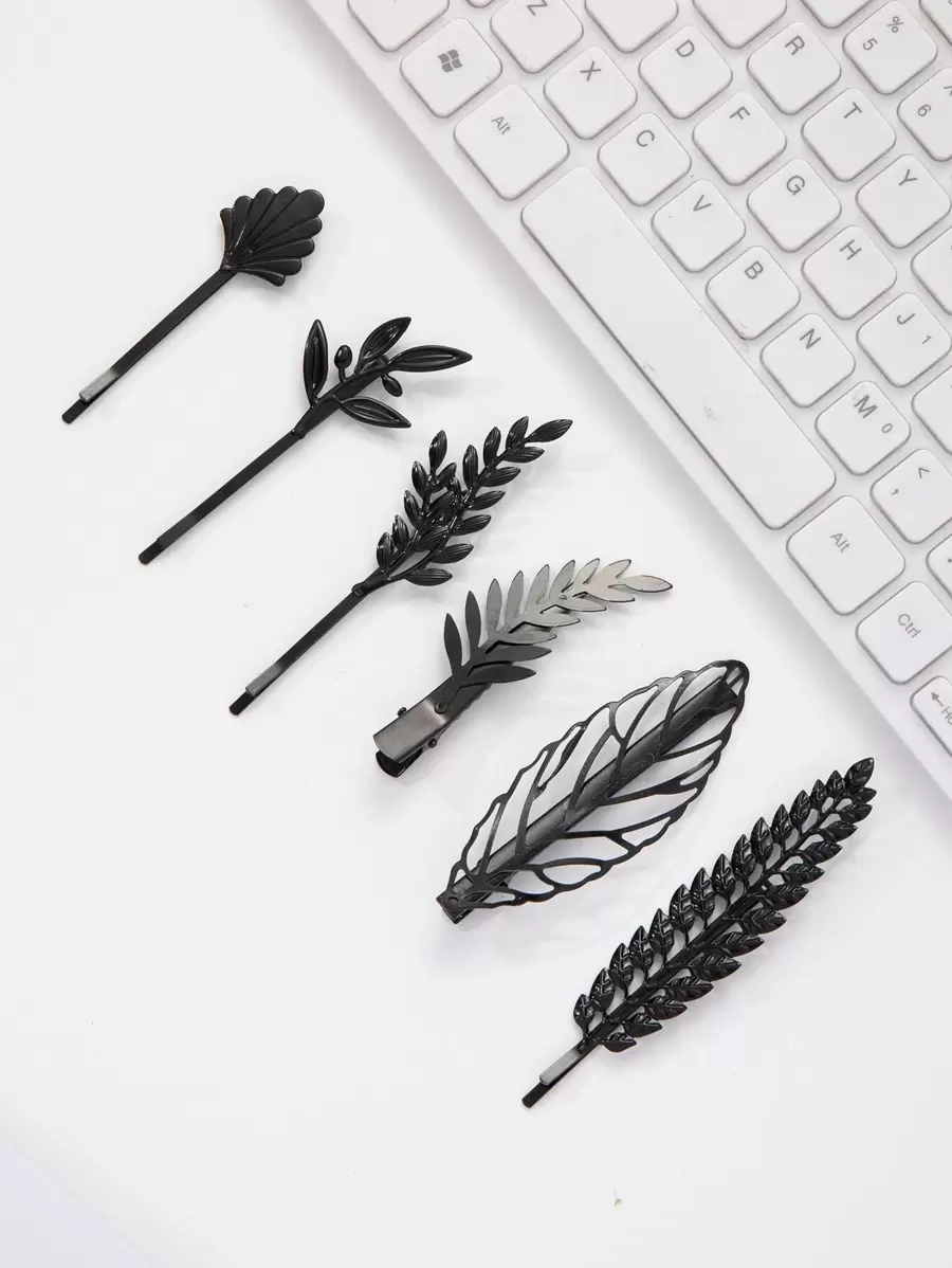 6件套女士树叶形发夹套装，适合日常佩戴，波西米亚风，发饰，发夹，发爪，学生用品，头部饰品，发卡 - 黑色 - 查看 1