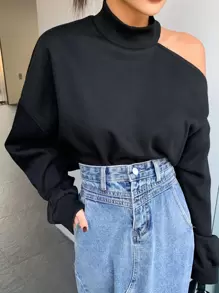 DAZY Mock Neck Cut Out Drop Shoulder Crop Sweatshirt,Long Sleeve Tops,Fall Women Clothes