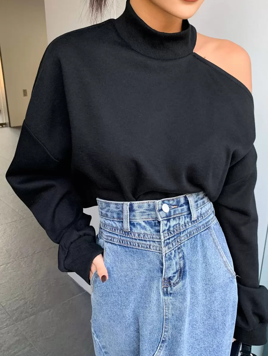 DAZY Sudadera corta con cuello alto, hombros caídos y recorte, manga larga, ropa de otoño - Negro - Ver 1