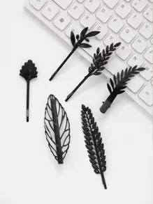 6件套女士树叶形发夹套装，适合日常佩戴，波西米亚风，发饰，发夹，发爪，学生用品，头部饰品，发卡 - 黑色 - 查看 3