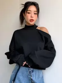 DAZY Mock Neck Cut Out Drop Shoulder Crop Sweatshirt,Long Sleeve Tops,Fall Women Clothes