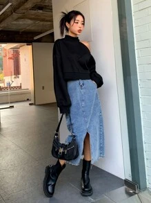 DAZY Mock Neck Cut Out Drop Shoulder Crop Sweatshirt,Long Sleeve Tops,Fall Women Clothes