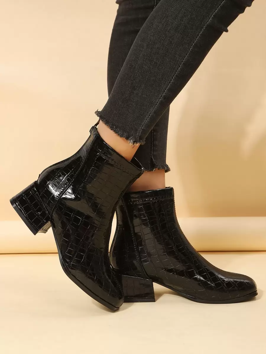 Crocodile Embossed Zip Back Chunky Heeled Classic Boots - Black - View 1