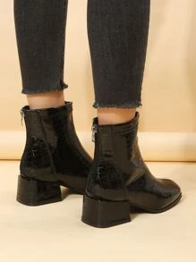 Crocodile Embossed Zip Back Chunky Heeled Classic Boots - Black - View 3