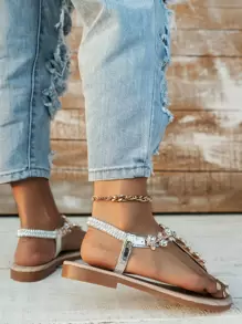 WRCVS Women's Gold Flat Sandals, Chain Decor Thong Sandals, Fashionable Sexy For Party, Holiday, Beach, Wedding Outdoor Wear