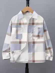 男孩格紋補丁貼口袋襯衫不帶T恤