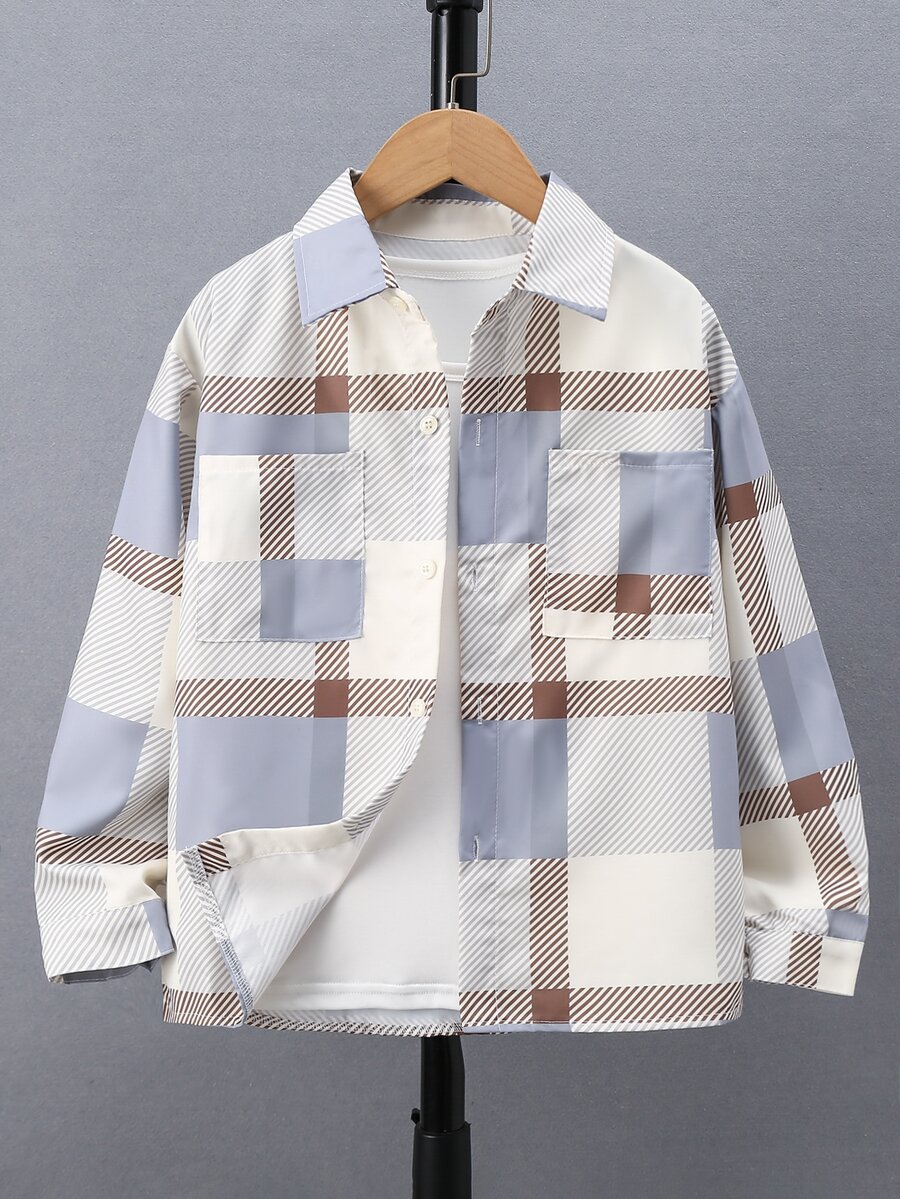 男孩格紋補丁貼口袋襯衫不帶T恤