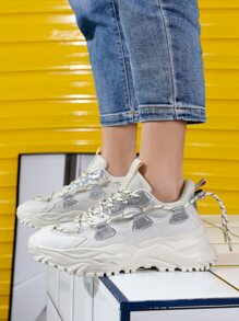 亮片細節前綁帶老爹鞋 - 米色 - 查看 2