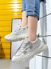 亮片細節前綁帶老爹鞋 - 米色 - 查看 3