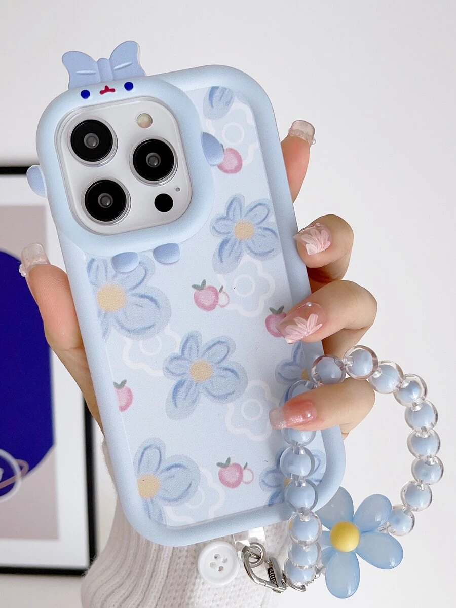 花朵圖案手機殼附帶繩子
