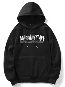 ROMWE MEN Street Life 男性標語圖形袋鼠口袋束口保暖連帽衫 - 黑色 - 查看 2