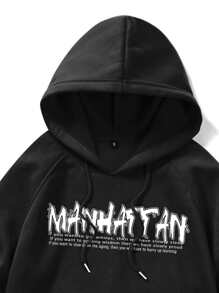 ROMWE MEN Street Life 男性標語圖形袋鼠口袋束口保暖連帽衫 - 黑色 - 查看 3