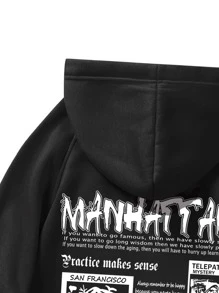 ROMWE MEN Street Life 男性標語圖形袋鼠口袋束口保暖連帽衫 - 黑色 - 查看 4