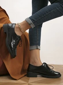 2025 Autumn Lace-Up Front Oxford Shoes, Black Elegant Solid Color Women's Flat Shoes,Loafers For Women - Black - View 6