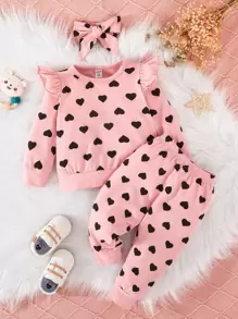 Baby Heart Print Ruffle Trim Sweatshirt & Sweatpants & Headband - Pink - View 1
