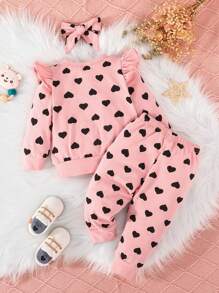 Baby Heart Print Ruffle Trim Sweatshirt & Sweatpants & Headband - Pink - View 2