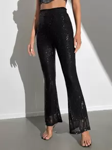 SHEIN Tall 高腰亮片喇叭褲 - 黑色 - 查看 3