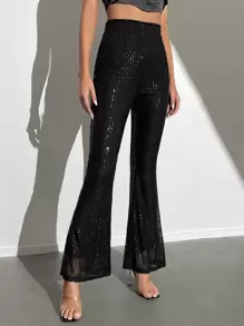 SHEIN Tall 高腰亮片喇叭褲 - 黑色 - 查看 4