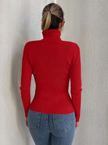 Cloudara Solid Turtleneck Ribbed Knit Jumper - Red - View 2