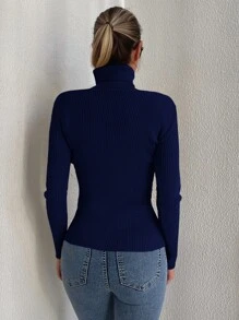 SHEIN Cottnline Solid Turtleneck Ribbed Knit Jumper - Navy Blue - View 2