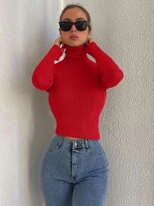 Cloudara Solid Turtleneck Ribbed Knit Jumper - Red - View 4