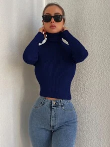 SHEIN Cottnline Solid Turtleneck Ribbed Knit Jumper - Navy Blue - View 5