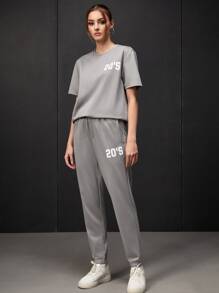 Manfinity VCAY 1pc Letter Graphic Tee & 1pc Drawstring Waist Joggers - Grey - View 3