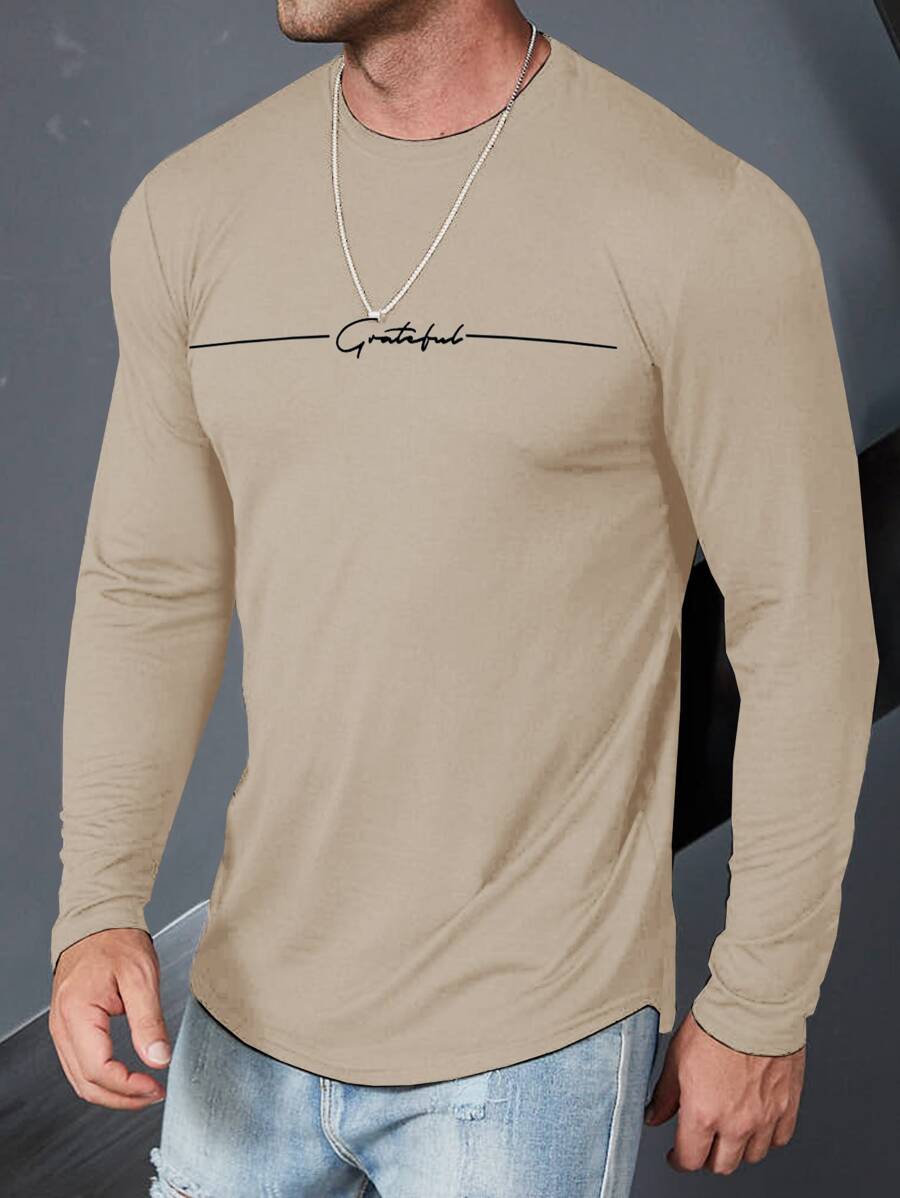Manfinity Homme Men T-Shirts Fit Crew Neck Long Sleeve Slogan Tee Casual Spring - Khaki - View 1