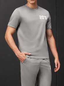Manfinity VCAY 1pc Letter Graphic Tee & 1pc Drawstring Waist Joggers - Grey - View 4