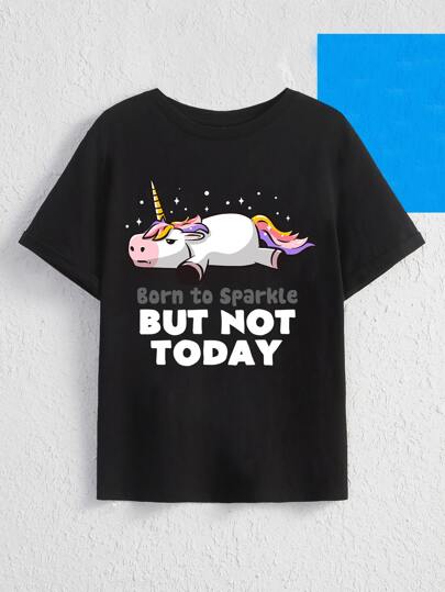 Eduely Artist Plus Unicorn & Slogan Graphic Tee, Born To Sparkle BUT NOT TODAY, For Summer, 100% Cotton, Holiday, Vacation, Spring, Festival, Ibiza Fits Suitable For Going Out