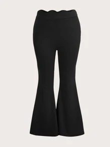 SHEIN Privé Plus Solid Scallop Trim Flare Leg Trousers - Black - View 1