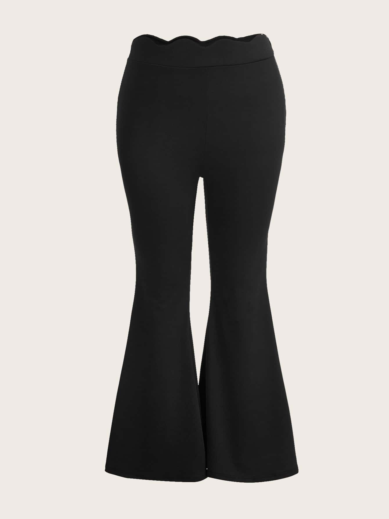 SHEIN Privé Plus Solid Scallop Trim Flare Leg Trousers - Black - View 1