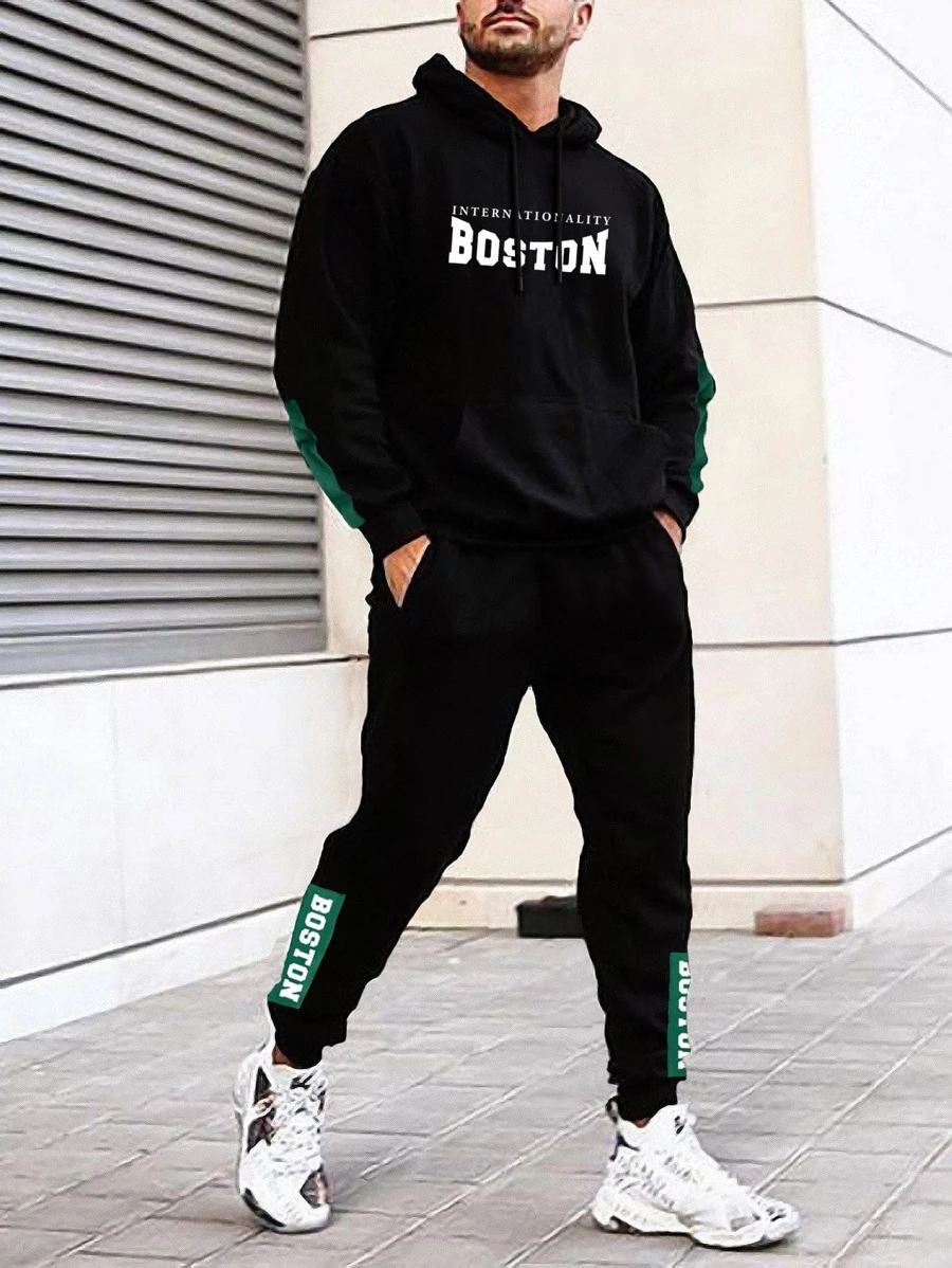 Manfinity Homme Men Letter Graphic Kangaroo Pocket Drawstring Hoodie & Sweatpants