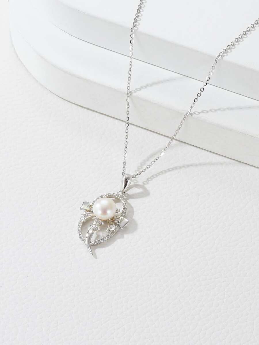 Silver Rhinestone & Faux Pearl Decor Oval Charm Necklace - Multicolor - View 1