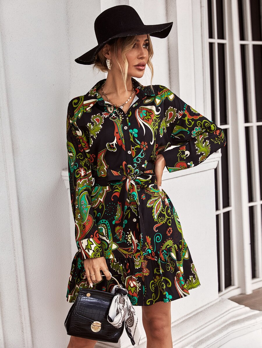Allover Print Button Front Belted Shirt Dress - Multicolor - View 1