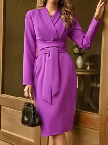 GENKIRA Shawl Collar Wrap Belted Dress - Purple - View 6