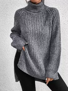 SHEIN Frenchy Turtleneck Raglan Sleeve Split Hem Jumper - Dark Grey - View 1