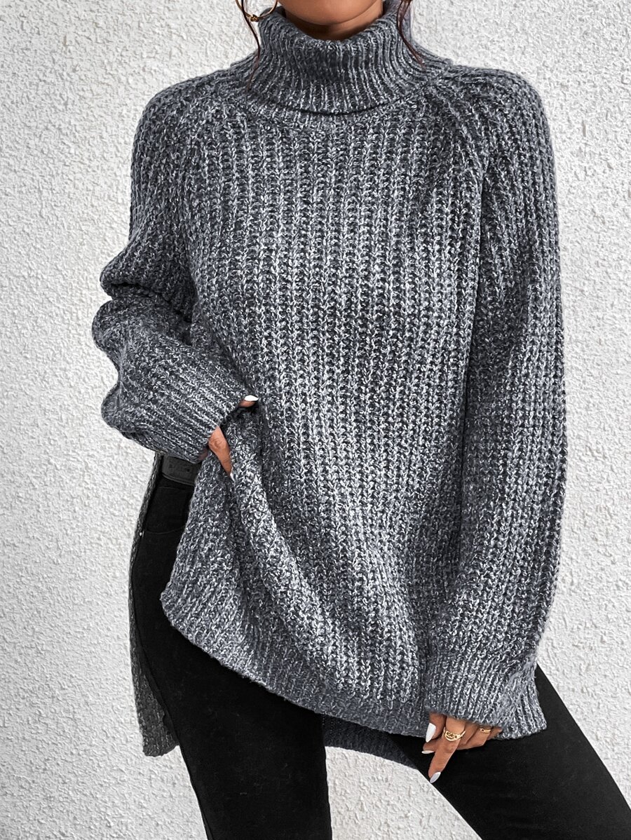 SHEIN Frenchy Turtleneck Raglan Sleeve Split Hem Jumper - Dark Grey - View 1