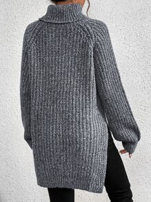 SHEIN Frenchy Turtleneck Raglan Sleeve Split Hem Jumper - Dark Grey - View 2