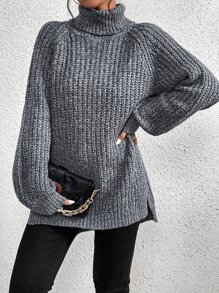 SHEIN Frenchy Turtleneck Raglan Sleeve Split Hem Jumper - Dark Grey - View 4