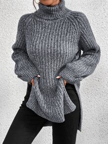 SHEIN Frenchy Turtleneck Raglan Sleeve Split Hem Jumper - Dark Grey - View 5