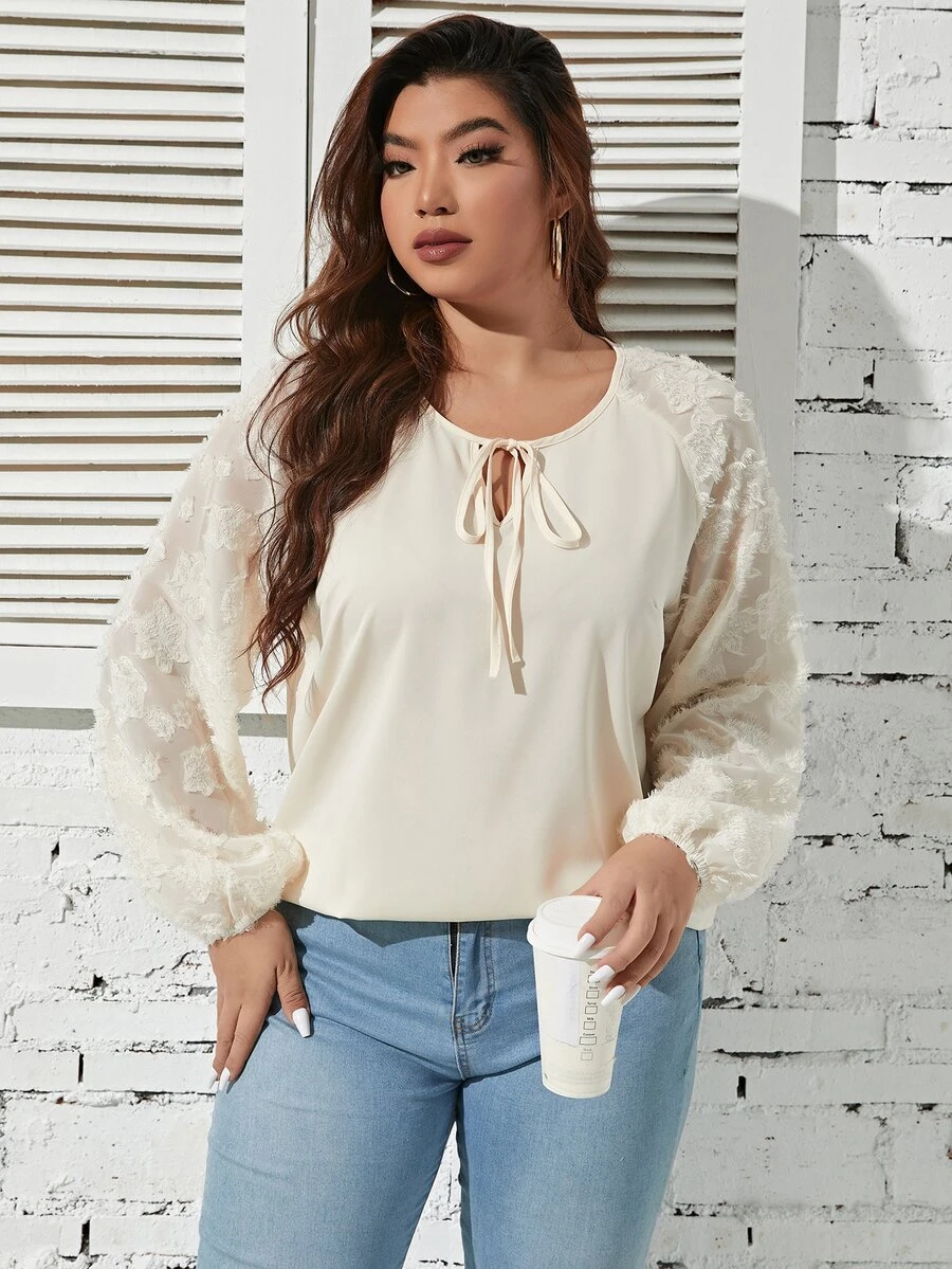 Celure Blusa de cuello con cordón de manga raglán - Beis - Ver 1
