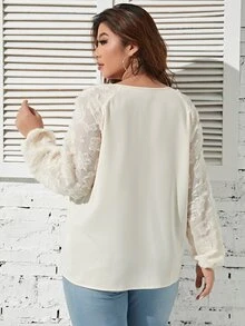 Celure Blusa de cuello con cordón de manga raglán - Beis - Ver 2