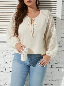 Celure Blusa de cuello con cordón de manga raglán - Beis - Ver 3